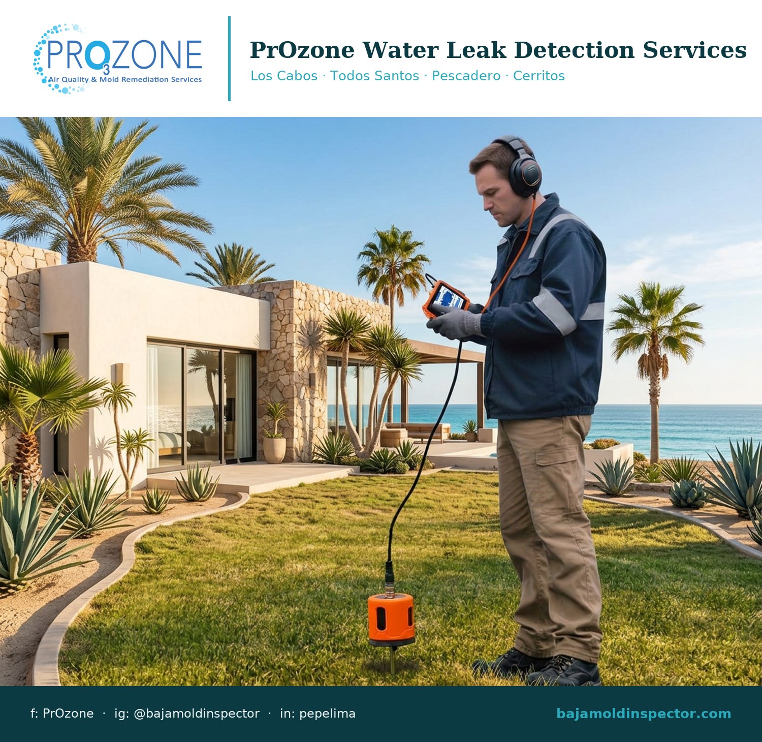 PrOzone technician using a PQ125C acoustic water leak detector in the yard of a beachfront home in Los Cabos